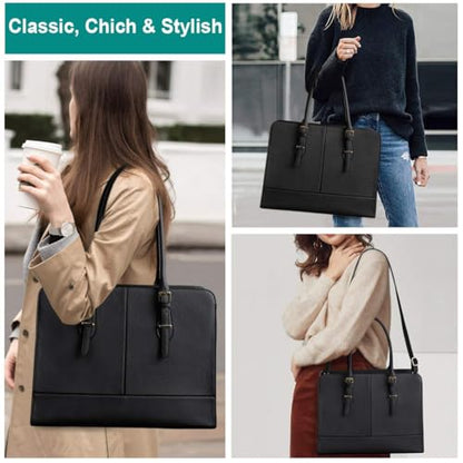Laptop Bag for Women 15.6 Inch Leather Work Tote Briefcase Business Computer Shoulder Bag Large Capacity Waterproof Office Messenger Handbag Professional Teacher Nurse Carryall - color: Black