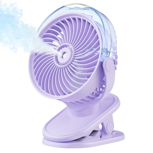 SWEETFULL Portable Misting Clip On Fan, USB-C Rechargeable Mini Personal Cooling Fan with 4 Speeds, 360° Rotatable, Quiet Cooling for Outdoor, Camping, Golf Cart, Travel, Stroller & Desk (Purple) - color: Light purple