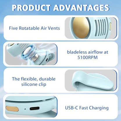 Portable Fan,2-in-1 Waist Clip On Bladeless, Ultra-Quiet Mini Personal Neck Fan 3 Speeds with 360°Adjustable Clip USB Rechargeable for Hiking,Office & Outdoor - color: Blue