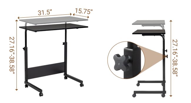 Karl home Mobile Side Table 31.5 inch Computer Desk with Wheels, Black | Height Adjustable Rolling Potable Laptop Cart, C-Shaped Bed Couch Sofa End Tables with Edge Stopper for Livingroom Bedroom - color: Black, size: 31.5"+No Power Sockets