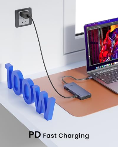 Laptop Docking Station Dual Monitor, 10-in-1 USB-C Hub with Dual HDMI 4K, Ethernet, PD 100W Charging, USB 3.0 USB-A and USB-C with 5Gbps Data Transfer, SD/TF Card Reader, for MacBook, and More