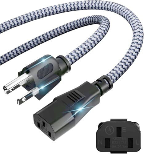 3.3FT/1M TV Power Cable - 10A 250V, 18AWG 3 Prong AC Power Cord, Nylon Braided, Replacement for Computer, Printer, HDTV, Monitor - size: 3.3 ft (1 m)
