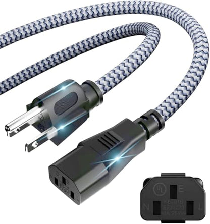 3.3FT/1M TV Power Cable - 10A 250V, 18AWG 3 Prong AC Power Cord, Nylon Braided, Replacement for Computer, Printer, HDTV, Monitor - size: 3.3 ft (1 m)