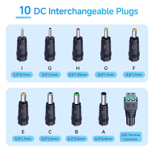 10PCS DC Power Adapter Connector kit with 5.5 x 2.1mm Female Base, 2.5x0.7mm/3.0x1.1mm/3.5x1.35mm/4.0x1.7mm/4.8x1.7mm/5.5x1.7mm/5.5x2.5mm/6.3x3.0mm/6.0x4.4mm/LED Terminal Connector