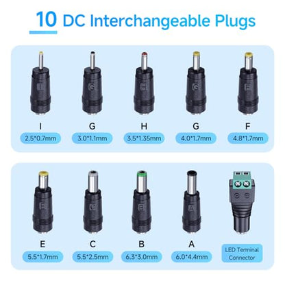 10PCS DC Power Adapter Connector kit with 5.5 x 2.1mm Female Base, 2.5x0.7mm/3.0x1.1mm/3.5x1.35mm/4.0x1.7mm/4.8x1.7mm/5.5x1.7mm/5.5x2.5mm/6.3x3.0mm/6.0x4.4mm/LED Terminal Connector
