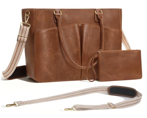 Laptop Tote Bag for Women, Leather Work Tote with Padded Laptop Compartment, Cup Holder, Office Computer Briefcase - color: Brown-white Long Strap, size: 15.6inch