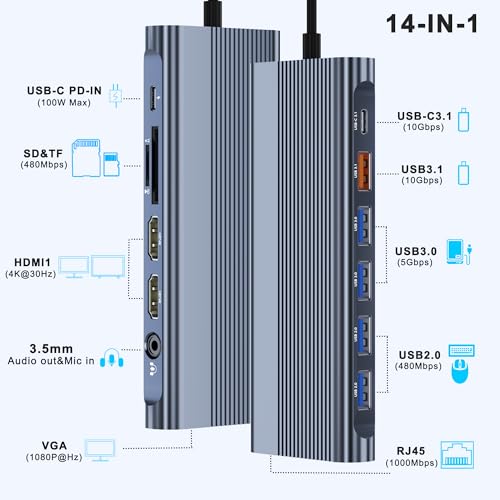 USB C Docking Station Dual Monitor for Dell/HP/Lenovo/Mac Laptop, Dual HDMI Adapter for 2 Monitors, 14 in 1 Laptop Docking Station Dual Monitor with 10Gbps USB/HDMI/VGA/PD/Ethernet/SD/TF/Audio/Mic - style: 14 IN 1