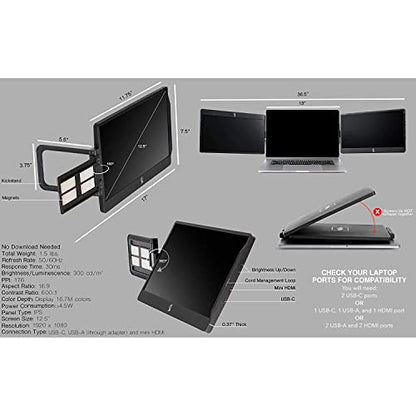 SideTrak Swivel 12.5" Portable Monitor for Laptop, Patented Swivel Hinge, Triple Screen Laptop Setup | FHD Dual Screen w/Kickstand, USB-C® & HDMI, Mac, PC, Chrome Compatible (Triple Monitor) - style: 12.5" Triple Monitor