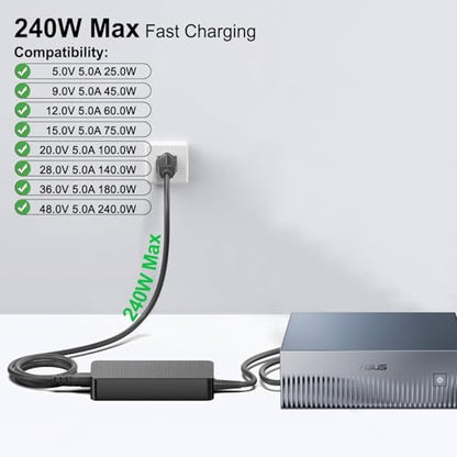 HKY 240W USB C Power Adapter 48V 5A /36V 5A GaN-Based Ultra Compact PD3.1 Power Supply with Detachable USB C Cable for AI Desktop Supercomputer Gaming Laptops PC eBikes Robots Workstation and More