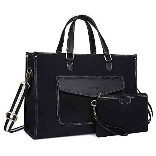 Missnine Tote Bag Canvas Laptop Bag for Women 15.6 inch Casual Work Bags with Clutch Purse Computer 2 PCS Set (Black_2pcs) - color: Black_2pcs