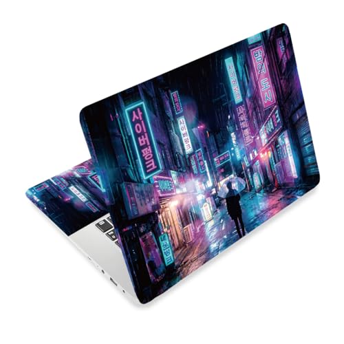 3Pcs Cyberpunk Laptop Skin Sticker Seoul Neon Sign Street Universal Removable Vinyl Stickers Fits for 12.1 13 14 15.6 16 Inch Waterproof Notebook Decal Cover Gift - color: purple and black