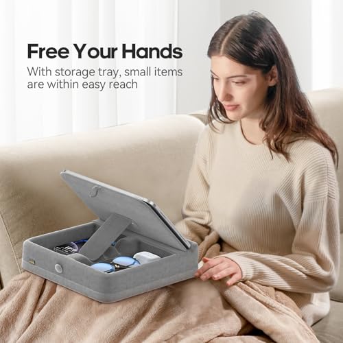 KDD Tablet Pillow Stand with Storage, Foldable iPad Holder for Bed, Lap and Desk, Angle Adjustable Soft Pad Dock with Stylus Mount Compatible with Ipad Pro 12.9, 10.5, 11, Air, Mini, Phones, Books - color: Light Grey