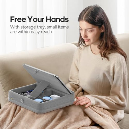 KDD Tablet Pillow Stand with Storage, Foldable iPad Holder for Bed, Lap and Desk, Angle Adjustable Soft Pad Dock with Stylus Mount Compatible with Ipad Pro 12.9, 10.5, 11, Air, Mini, Phones, Books - color: Light Grey