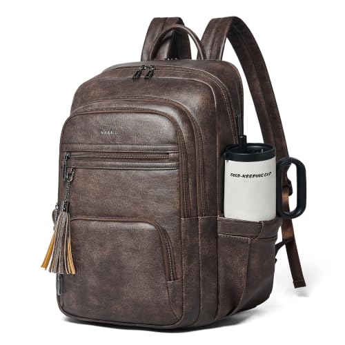 Shrrie 17 Inch Laptop Backpack for Women,Vegan Leather Backpack Purse,28L Work Business College Travel Computer Backpacks with Pouch Pocket for Large Capacity Cup & USB Charger,Chocolate - color: Chocolate