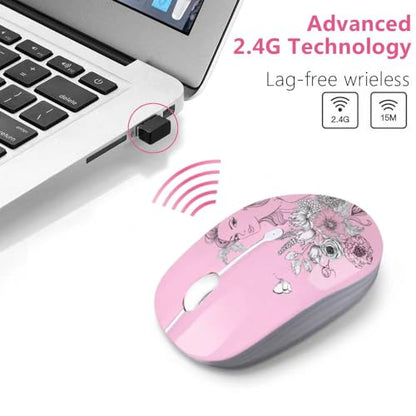 JUHOO Wireless Mouse with Nano Receiver for PC, Laptop, Notebook, Computer, MacBook, Less Noise, Portable Mobile Optical Mice - style: Flower Girl