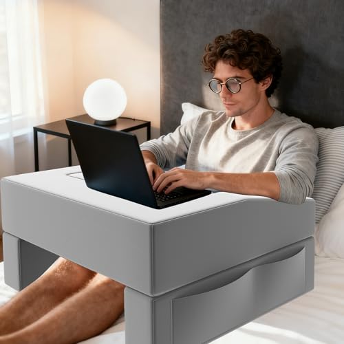Reading Pillow for Gaming Lap Desk Pillow for Laptop with Pocket Foldable Memory Foam Bed Desk for Reading Working Crocheting Gaming Arm Rest on Bed/Sofa/Floor/Couch/Car (Grey no Cup Holder) - color: Grey, size: Without cup holder