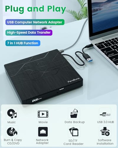 Super External CD DVD Drive, USB 3.0 DVD Burner with Ethernet Adapter, 3 USB and 2 TF/SD Card Ports, CD DVD Player Reader Writer Optical Disk Drive for Laptop MacBook PC Windows 11/10/8/7 Linux Mac OS - color: Textured Black