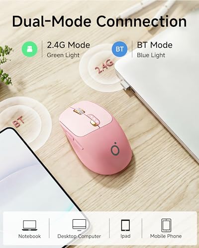 SEUNKWANG Dual-Mode Wireless Mouse with Visible Battery Indicator, Silent Rechargeable Bluetooth & 2.4G Computer Mouse, 1600 DPI, One-Click Privacy Key, Portable Mice for Laptop/PC/Mac - Rose Pink - color: Rose Pink