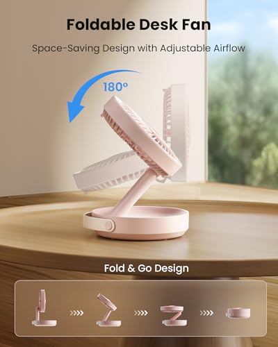 Gaiatop Foldable Desk Fan with Night Light, 6.8in Portable Travel Fan | 6000mAh Battery Powered Fan, USB Rechargeable, Bedroom Office Camping Travel & Cruise Essentials, Gifts for Women Teens, Pink - color: Pink