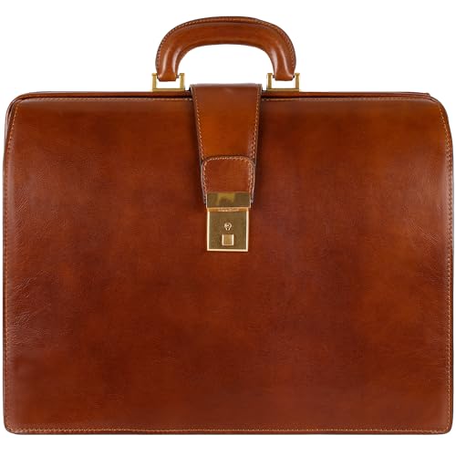 Time Resistance Leather Lawyer Briefcase - Italian Handmade Laptop Briefcase for Men and Women - Attache Case - Doctor Bag - color: Cognac