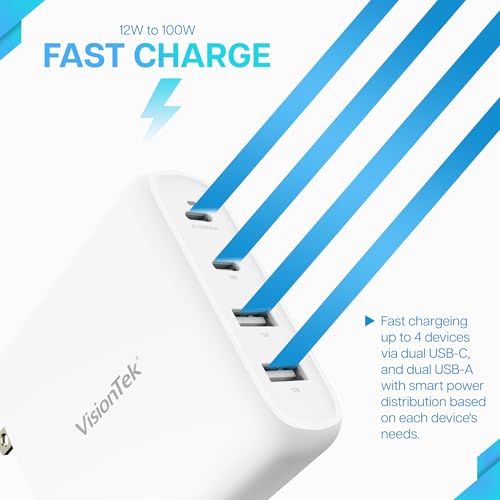VisionTek 100W 4-Port USB-C Wall Charger, GaN Fast Charge, Foldable Plug | USB-C/USB-A PD Safe Fast Charging, GaN, Compact & Foldable Design, Travel Adapter, Universal Power Laptops, Tablets, Phones