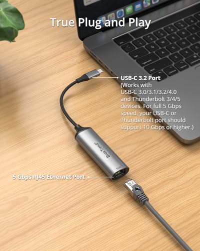 BrosTrend 5Gb USB C to Ethernet Adapter, Aluminum Ethernet to Type C Network Adapter Plug & Play for Windows MacOS etc., Compatible with Dell XPS, MacBook, iPad (Thunderbolt 5/4/3) Lifetime Protection