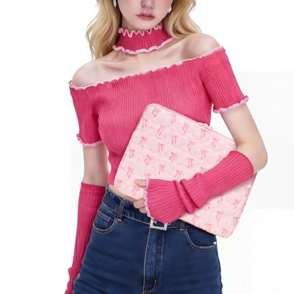 Cute Bow Puffy Laptop Sleeve 13-15 Inch Cute Quilted Laptop Protective Case Padded Bow Computer Sleeve for MacBook - color: bow Pink, size: 13inch