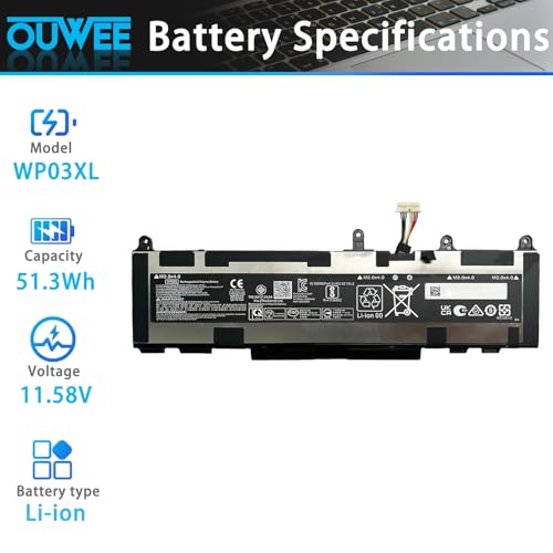 WP03XL M73466-005 Laptop Battery Replacement for Hp EliteBook 830 835 840 845 860 865 G9 G10 X360 1040 G9 G10 ZBook Firefly 14 G9 G10 Series Notebook HSTNN-OB2J M64304-AC1 11.58V 51.3Wh - size: 9.25*3.27*0.26 inch WP03XL