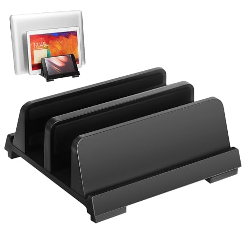 Laptop Vertical Stand Adjustable Laptop Holder with Dual Slots Padded Nonslip Storage Stand for Tablet Phone and Workspace Desk Organizer for Home Office