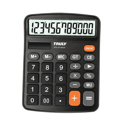 TRULY 12-Digit Desktop Calculator with Large Display, Big Buttons, Dual Power (Solar + Battery), Metal Finish, Ideal for Office, Home, School – 837A Pro Black - color: Black
