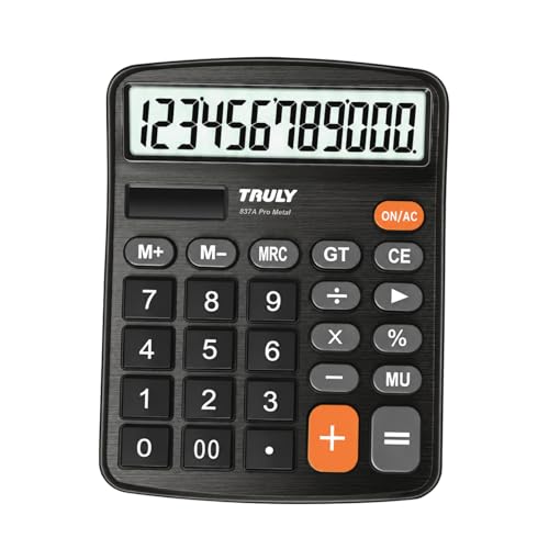 TRULY 12-Digit Desktop Calculator with Large Display, Big Buttons, Dual Power (Solar + Battery), Metal Finish, Ideal for Office, Home, School – 837A Pro Black - color: Black