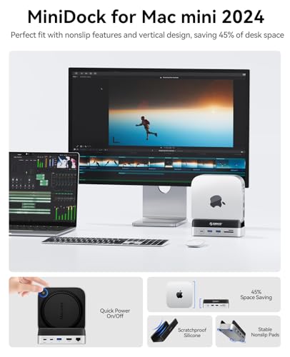 ORICO MiniDock Stand Compatibility with Mac mini M4, 10-in-1 Aluminum Hub with M.2 SSD Enclosure, 10Gbps USB-C & USB-A,5Gbps 4K HDMI, Gigabit Ethernet, SD/TF Card Readers,Type-C(PD3.0)