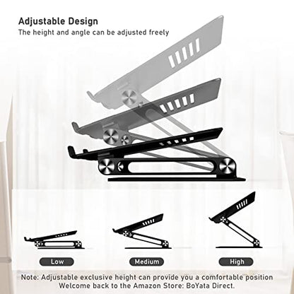 BoYata Laptop Stand, Adjustable Metal Desktop Riser, Up to 15 Inches, Black | Slide-Proof Silicone Pads and Protective Hooks Provide Stable Support for MacBook, Notebooks and Laptops up to 15 Inches - color: Black