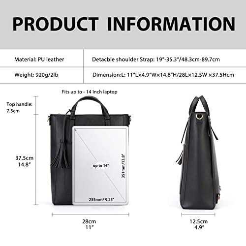 ECOSUSI Tote Bag Convertible Backpack for Women Vegan Leather Handbag Multifuction Shoulder Bag - color: Black