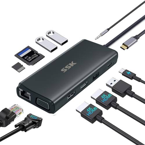 SSK 11 in 1 USB C Laptop Docking Station Dual Monitor, Dual HDMI Type C Triple Display Multiport Adapter, VGA, PD3.0, Ethernet, SD/TF, 3 USB Ports, Mic/Audio, Compatible for MacBook Pro/Air