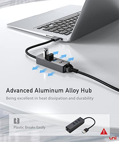 uni USB to Ethernet Adapter, USB 3.0 Hub with 100/1000 Mbps RJ45 Ethernet | Driver Free,Sturdy Aluminum 4-in-1, USB-A to LAN Network Adapter, 1Gbps, Compatible with iMac, PC, Chromebook Laptops