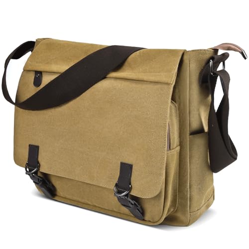 CAAORDKSO Canvas Vintage Messenger Bag Shoulder bag Large Travel Crossbody bags for Men Women 14 inch Laptop Bag Bookbag Work - color: Khaki