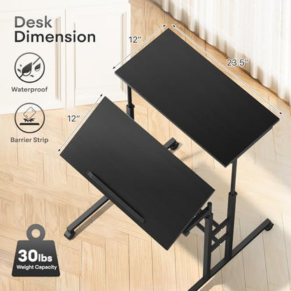 Athena Collection Rolling Standing Desk Small Mobile Table, Black | 4 Lockable Wheels, Engineered Wood Split Top, Adjustable Height for Home Office Computer Workstation - color: Black