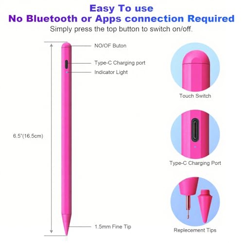 Stylus Pen for iPad A16 11th/10th Palm Rejection & Fast Charging Pen 2025-2018 Stylus Pencil for iPad 11th/A16/10/9/8/7/6th,Pro 12.9/11/13 inch M4,Air M2/M3/5/4/3,Mini A17/5th/6th - color: Rose Red