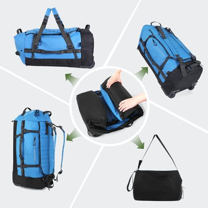 Vomgomfom 86L Collapsible Wheeled Duffle Bag Waterproof, Blue | Detachable Backpack Straps, Padded Laptop Sleeve, Quilted Reinforced Base, U-Shape Mesh Pocket, Shoe Compartment - color: Blue