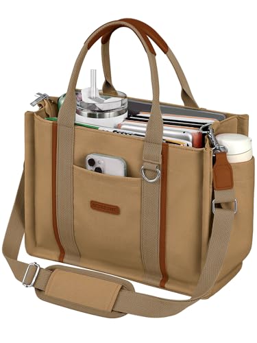 BESBESME Women’s Canvas Tote Bag with Zipper and Compartments – Multi-Pocket Laptop Work Crossbody Shoulder Tote Purse - color: Brown, size: Large, style: Built-in Organizer