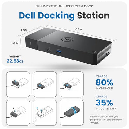 Dell WD22TB4 Thunderbolt 4 Dock 180W - 40Gbps, 3-Year Warranty, USB-C/USB-A Dell Docking Station with 180W Adapter + Techtray Cables & Cloth - Supports Dual/Triple Monitor & 4K Displays (New)