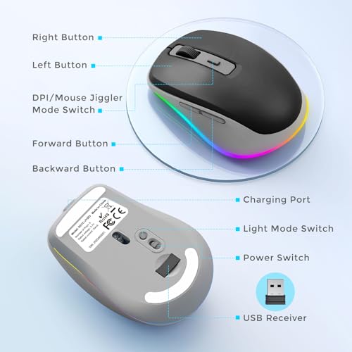 PEIOUS Wireless Mouse Jiggler - Keep Computers Awake, Black & Grey | Rechargeable LED Mouse, Silent Clicks, Adjustable DPI and Random Movement Keep Computers Awake for Laptop/PC/Mac - color: Grey