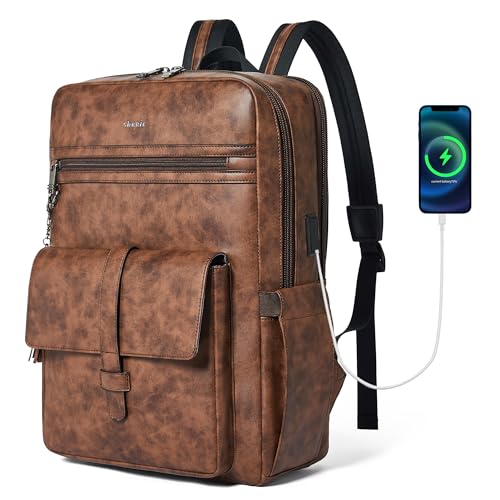 16 inch Vegan Leather Laptop Backpack with USB Charger | Smart Computer Backpack For Men and Women,Back Pocket Convert Luggage Sleeve,20L Large Capacity,Business Work Office College - color: Two-toned Brown