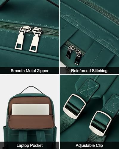 MASINTOR 15.6 inch PU Leather Laptop Backpack Purse for Women | College Laptop Backpack, Spacious Main Compartment, Luggage Strap & Padded Sleeve, Ideal for Campus, Commute & Travel - color: Retro Green