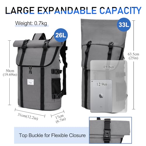 Kasqo Rolltop Backpack, Water-Resistant Backpack with Laptop Compartment for 15.6 Inch Computer Men Women 26L-33L Daypack - color: Light Grey