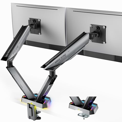 ARES WING RGB Dual Monitor Arm Desk Mount for 17-38 inch Monitors, White | Heavy Duty Dual Monitor Stand Holds 35.2 lbs, Adjustable Ultrawide Monitor Arm with Clamp & Grommet Base, 75/100 VESA - color: Gray, size: 17"-38"