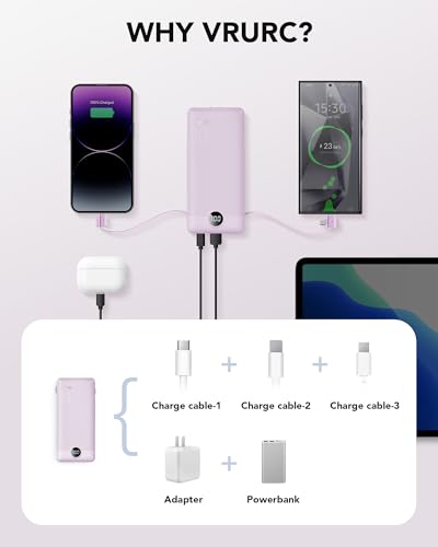 VRURC Portable Charger, Power Bank Built-in Cables and AC Wall Plug | USB C Power Bank 10000mAh Travel Essentials Phone Charger Compact External Battery Pack For Smart Phones, Tablets etc-Purple - color: Purple