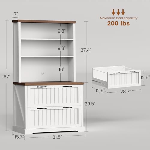 SEDETA 2 Drawer Filing Cabinet, Farmhouse File Cabinet for Home Office with Storage Shelves, Wood Tall Office Filing Cabinet fits Letter, Legal, A4 Size, Lateral File Cabinets with Bookshelf, White - color: White + Brown, size: 2 Drawers