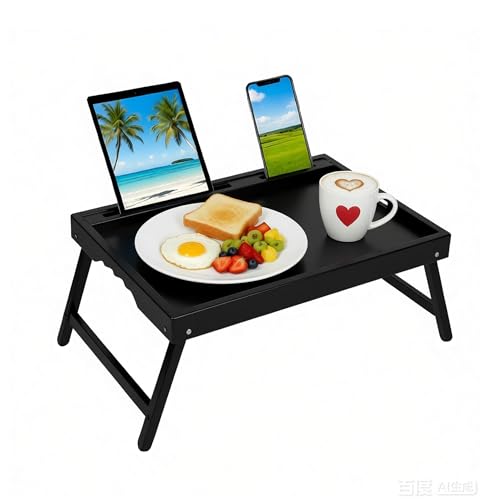 Bed Table Trays for Eating, Bamboo Breakfast Food Tray Table with Media Slot for Bed and Snack, Laptops, Sofa(Black, Medium) - color: Black